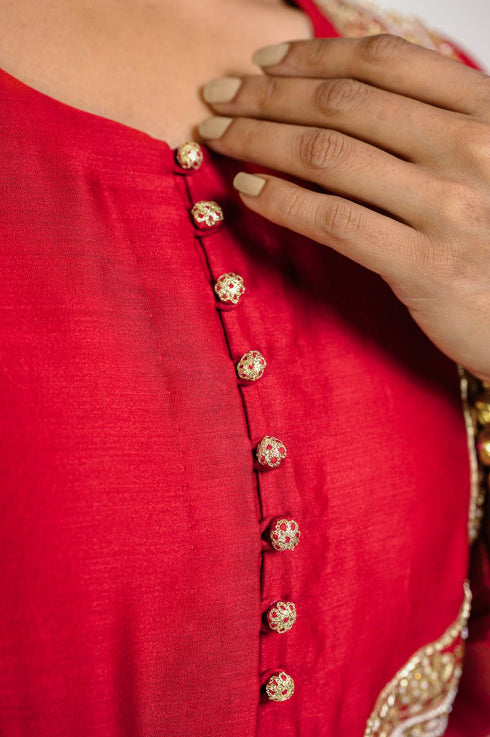 Red Mehrab Yoke Chanderi Kurta Set