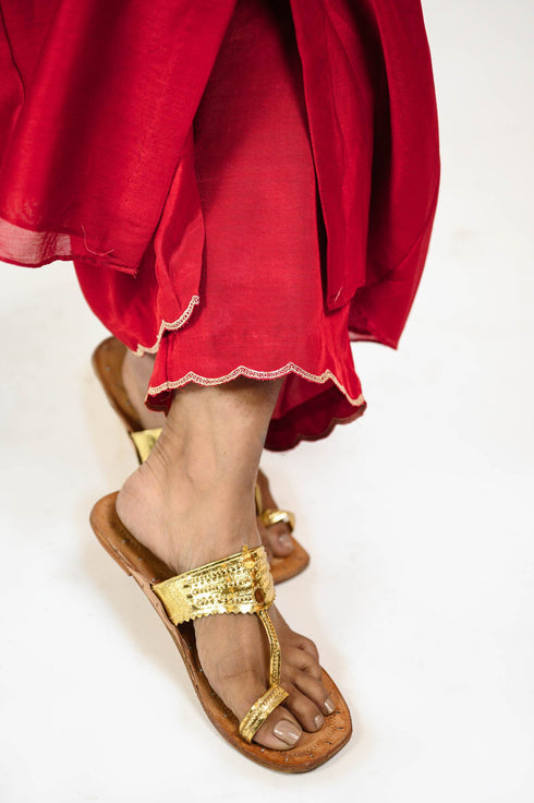 Red Mehrab Yoke Chanderi Kurta Set