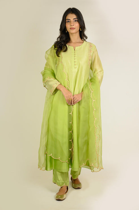 Pista Shaded Embroidered Chanderi Kurta Set