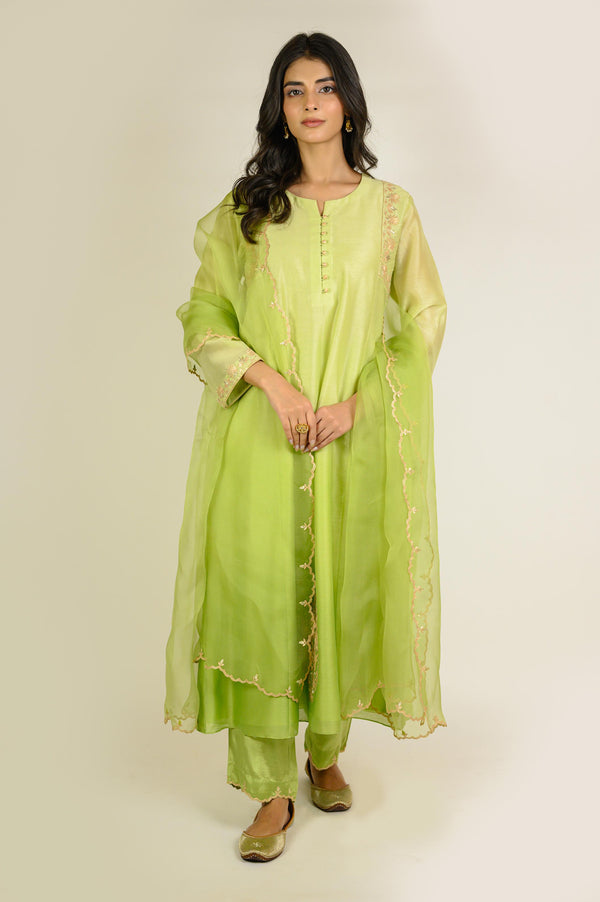 Pista Shaded Embroidered Chanderi Kurta Set