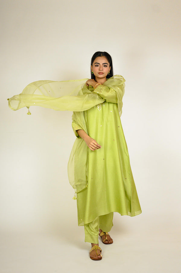 Pista Mukaish Chanderi Kurta Set