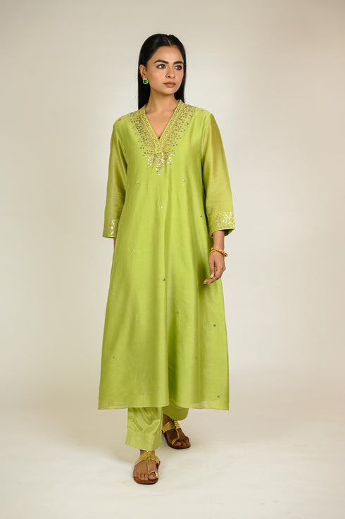 Pista Mukaish Chanderi Kurta Set