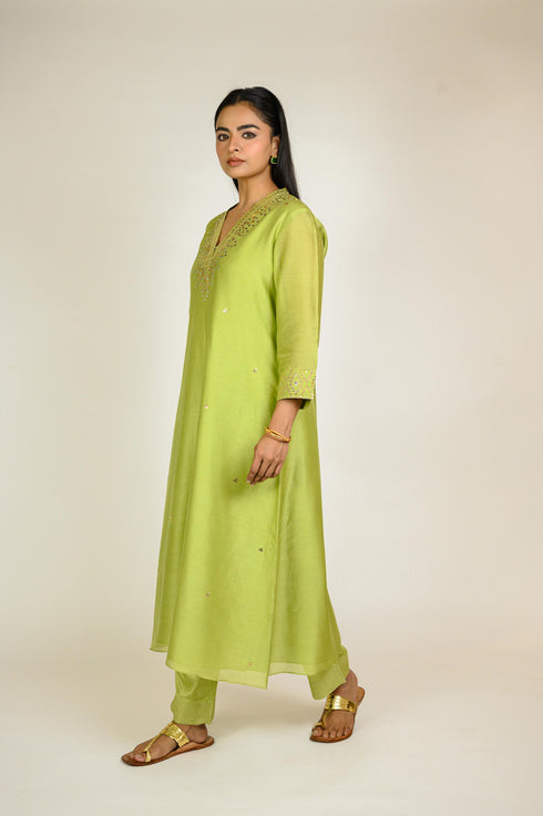 Pista Mukaish Chanderi Kurta Set