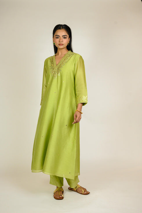 Pista Mukaish Chanderi Kurta Set