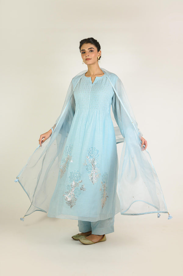 Powder Blue Mukaish Chanderi Suit Set