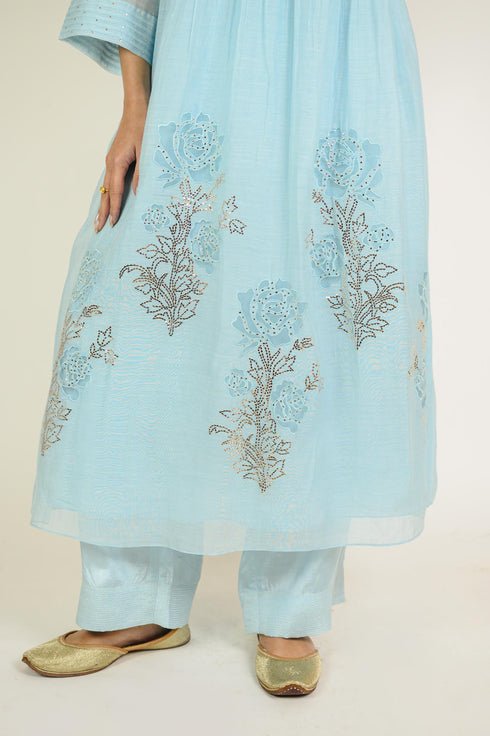 Powder Blue Mukaish Chanderi Suit Set