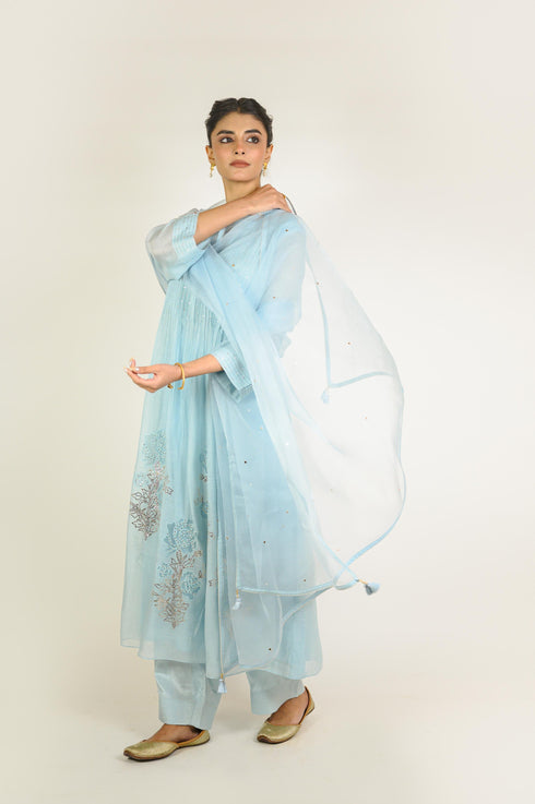 Powder Blue Mukaish Chanderi Suit Set