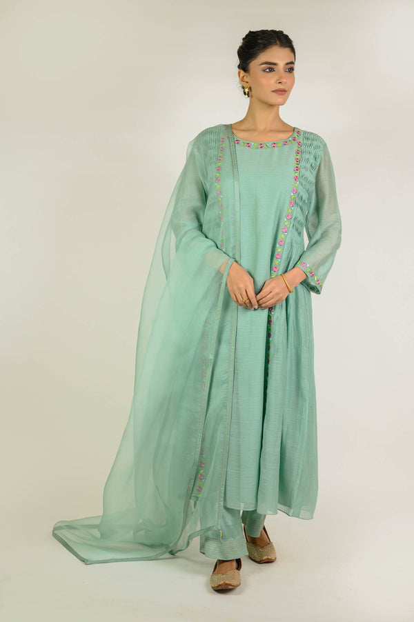 Mint Thread Embroidered Chanderi Suit Set