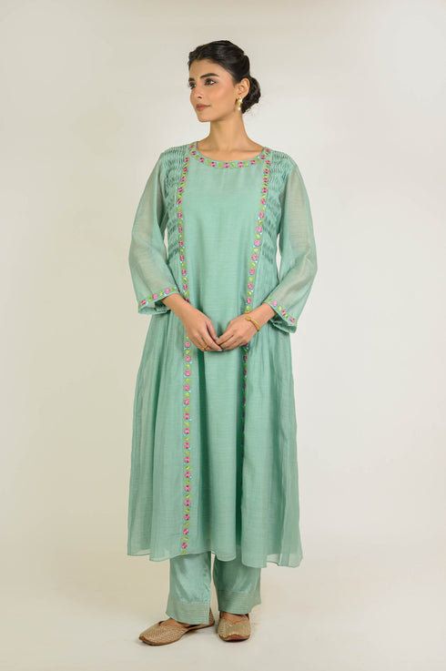 Mint Thread Embroidered Chanderi Suit Set