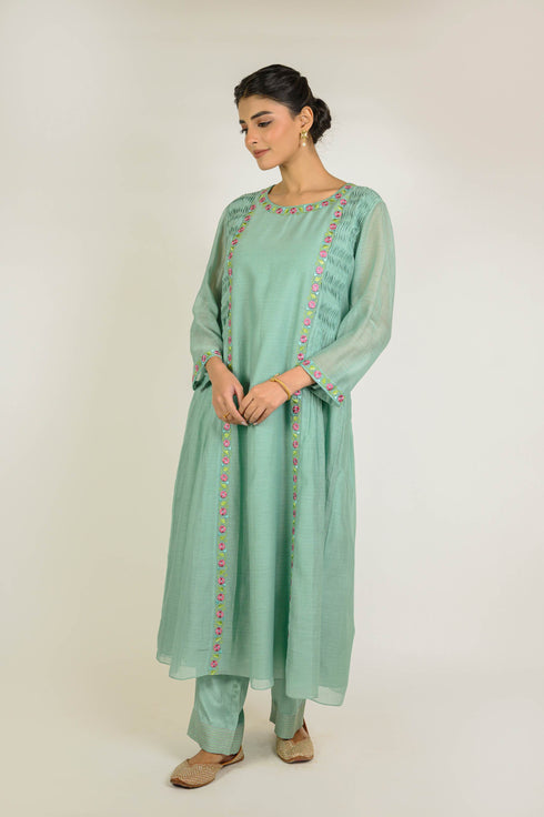 Mint Thread Embroidered Chanderi Suit Set