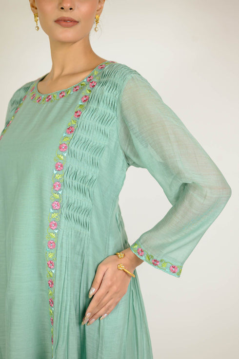 Mint Thread Embroidered Chanderi Suit Set