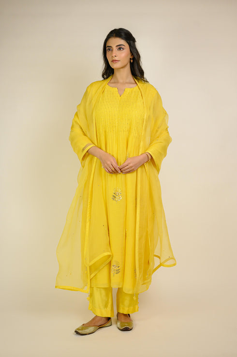 Bright Yellow Mukaish Chanderi Kurta Set