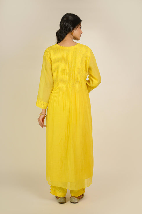 Bright Yellow Mukaish Chanderi Kurta Set
