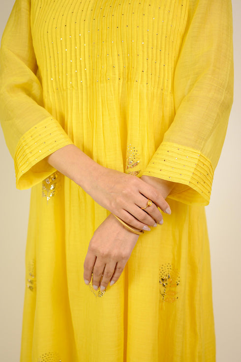 Bright Yellow Mukaish Chanderi Kurta Set
