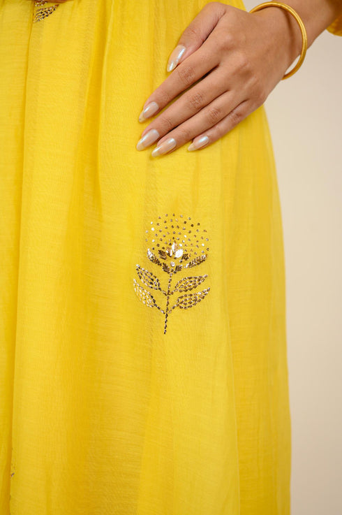 Bright Yellow Mukaish Chanderi Kurta Set