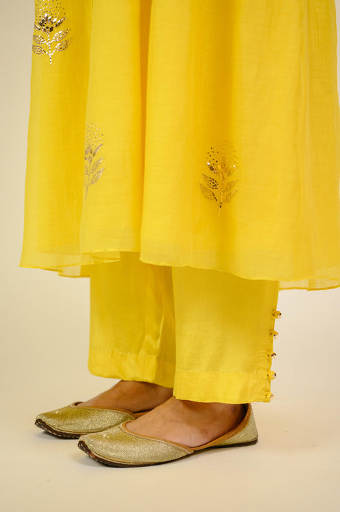Bright Yellow Mukaish Chanderi Kurta Set
